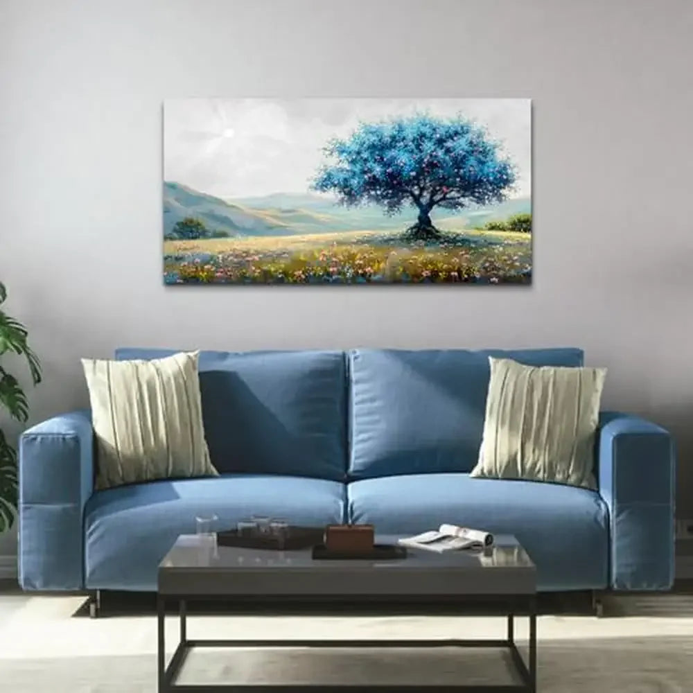 Blue Tree Landscape Canvas Wall Art Modern Decor Living Room Office Bedroom Pastoral Painting Gallery Wrapped Ready to Hang