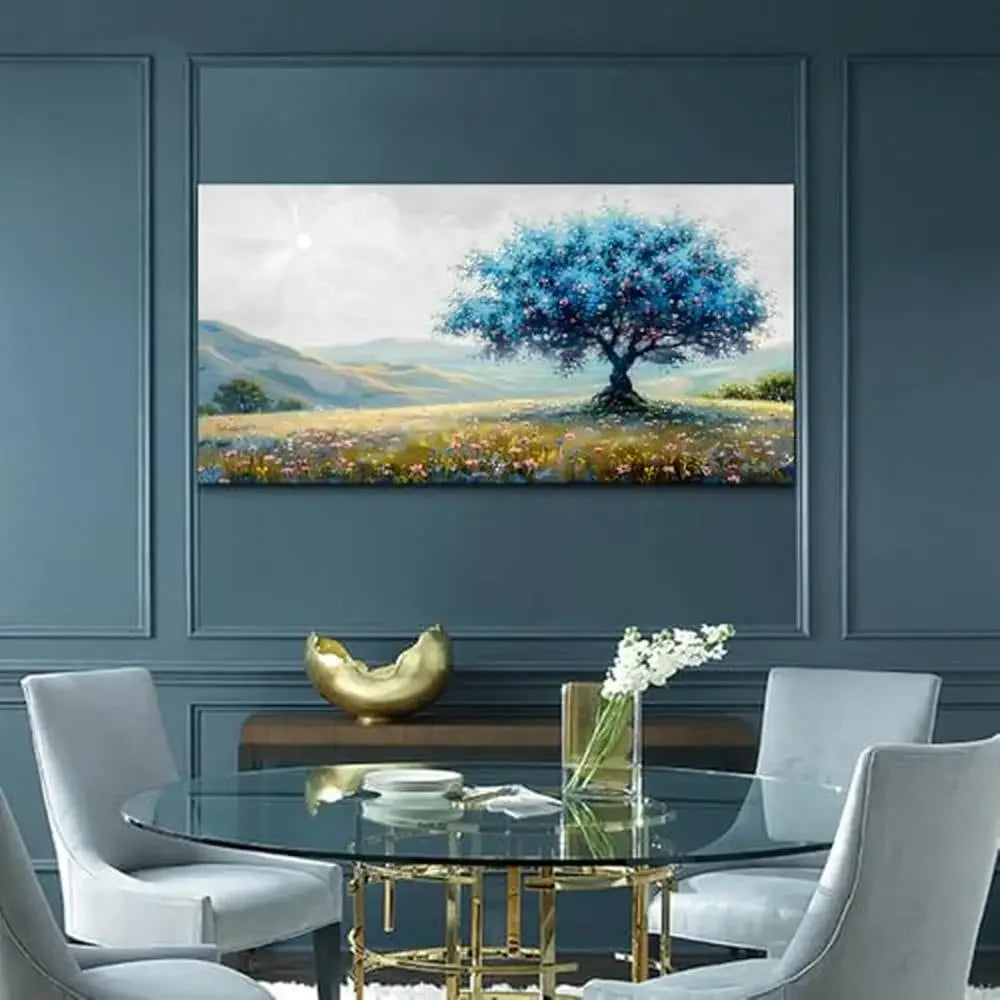 Blue Tree Landscape Canvas Wall Art Modern Decor Living Room Office Bedroom Pastoral Painting Gallery Wrapped Ready to Hang