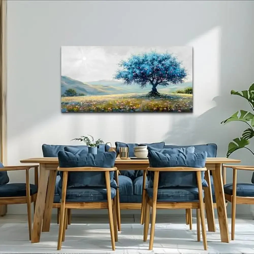 Blue Tree Landscape Canvas Wall Art Modern Decor Living Room Office Bedroom Pastoral Painting Gallery Wrapped Ready to Hang