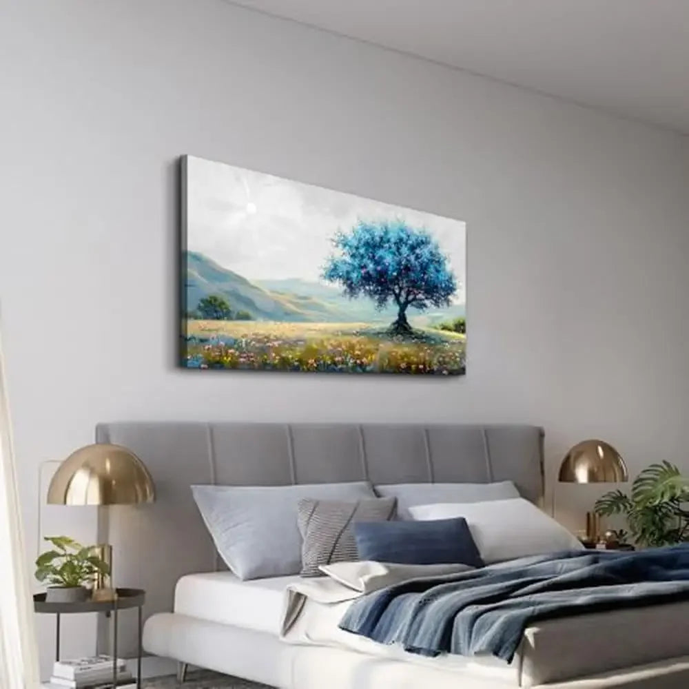 Blue Tree Landscape Canvas Wall Art Modern Decor Living Room Office Bedroom Pastoral Painting Gallery Wrapped Ready to Hang